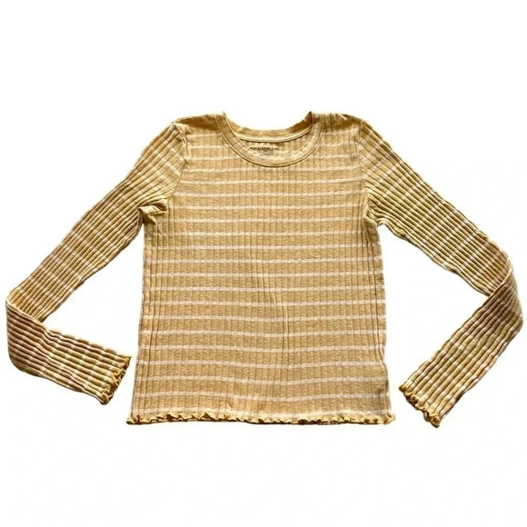 American Eagle Tan Ribbed Striped Semi-Cropped Long Sleeve Tee- Size Small - Picture 1 of 7